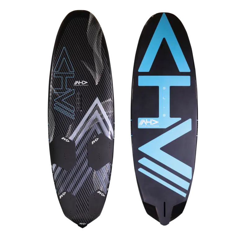 Planche de surf noire et bleue avec le mot "ATV" inscrit dessus