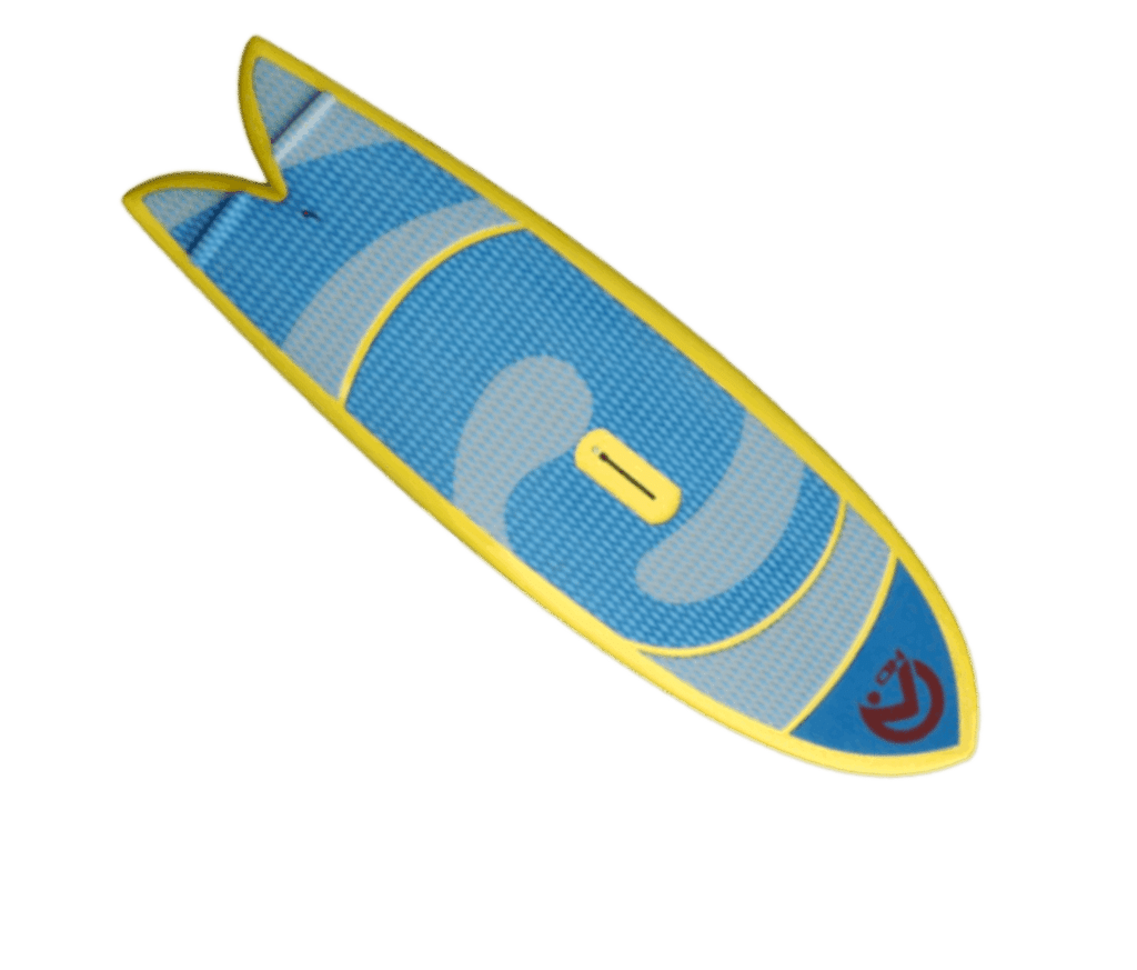 Planche de surf bleue et jaune avec une dérive jaune