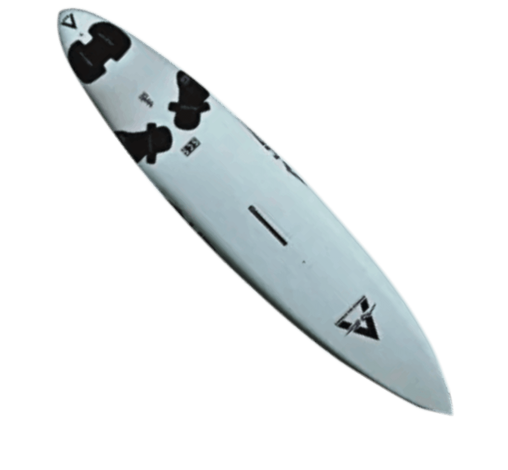 Planche de surf blanche avec des finitions noires.