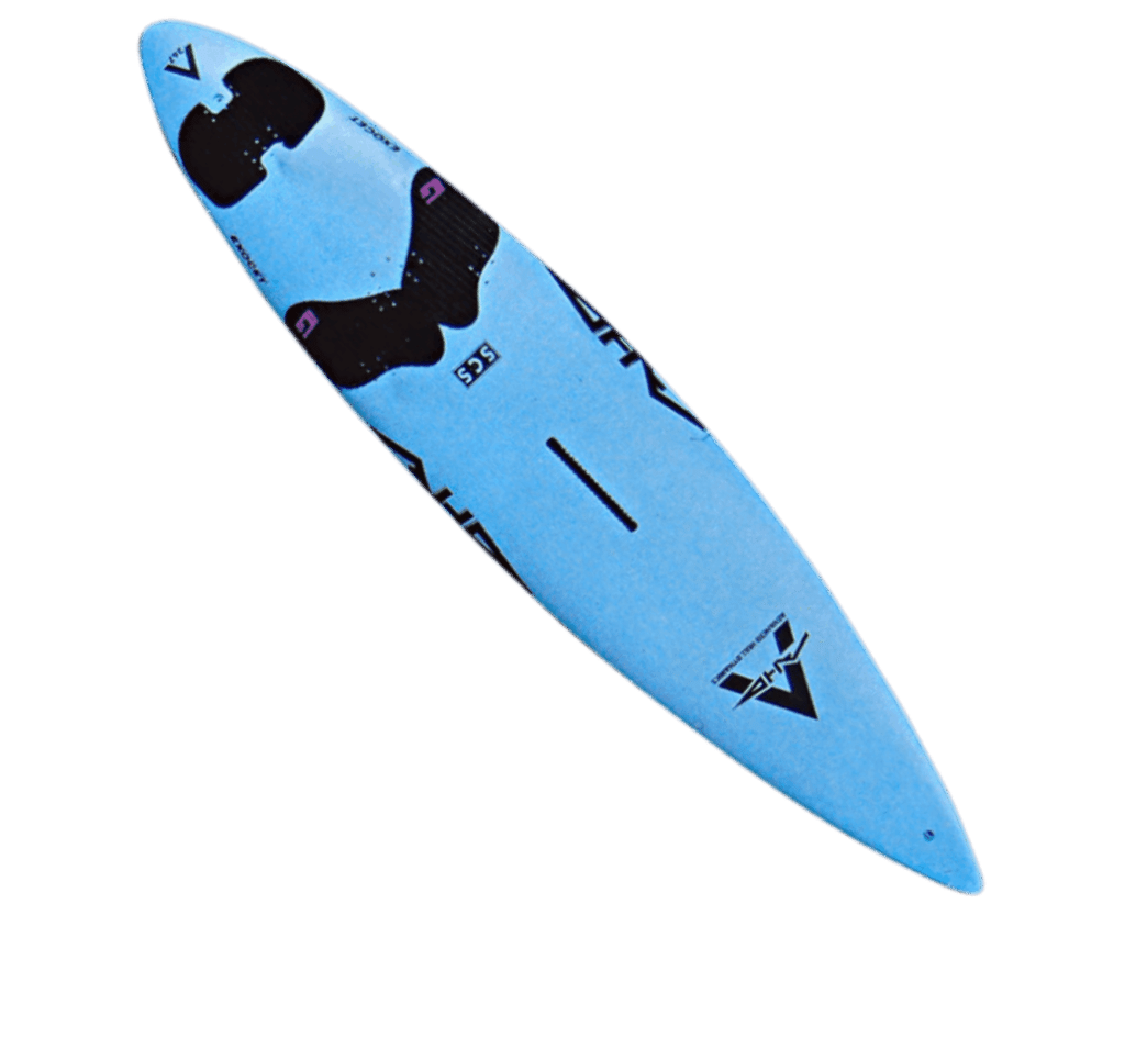 Planche de surf bleue avec un logo noir et blanc