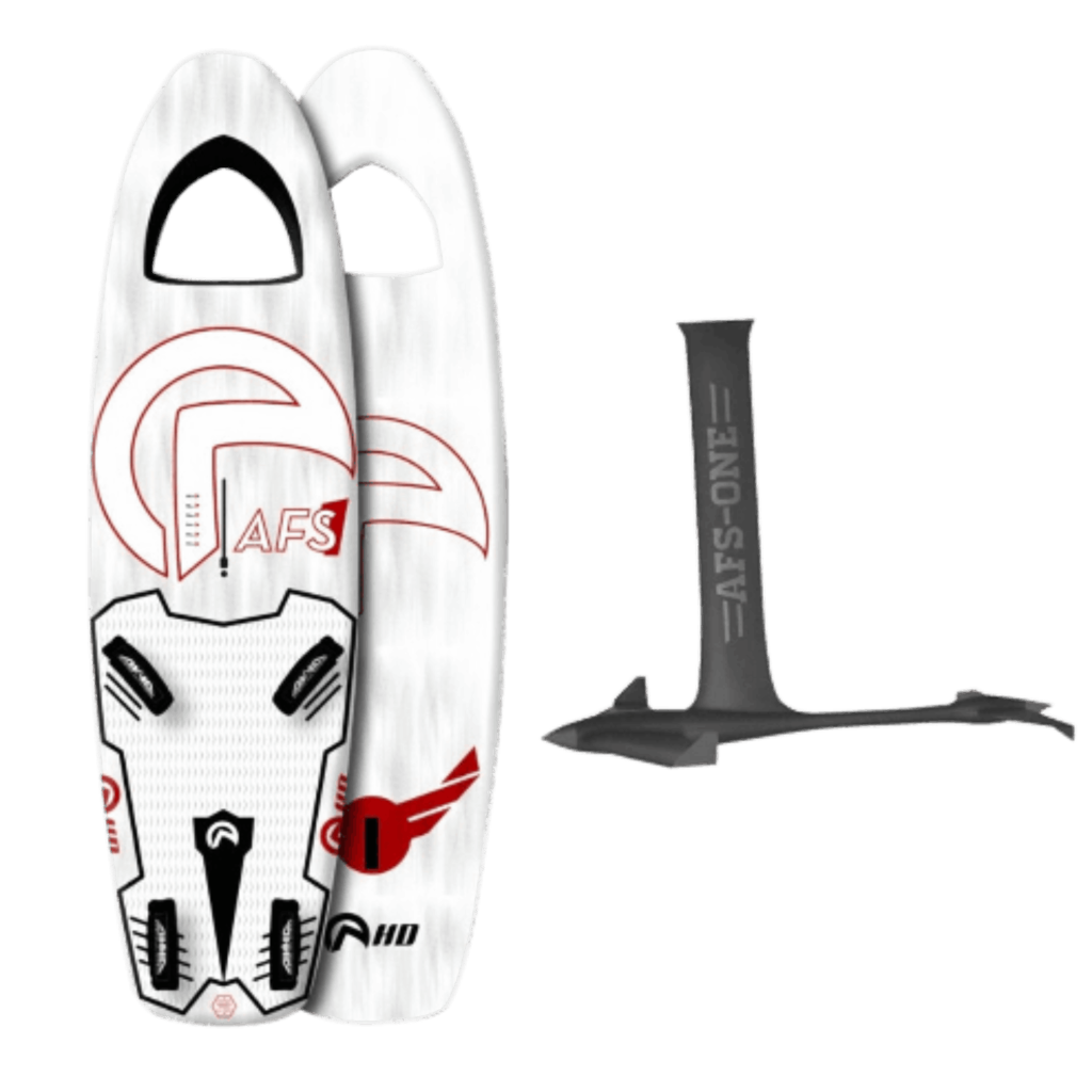 Planche de kitesurf blanche et rouge avec une poignée noire