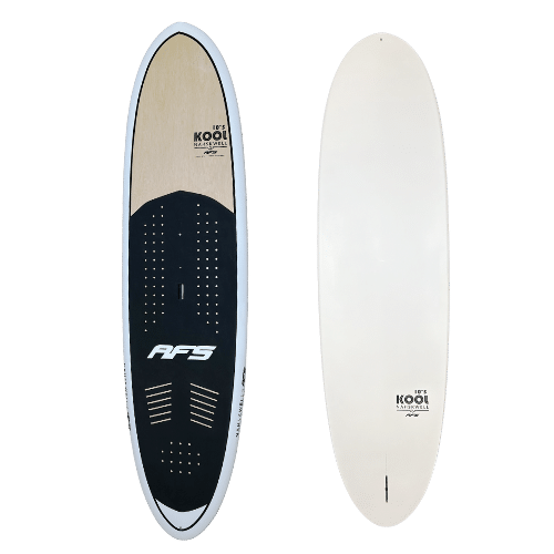 Planche de surf blanche et noire avec un dessous noir